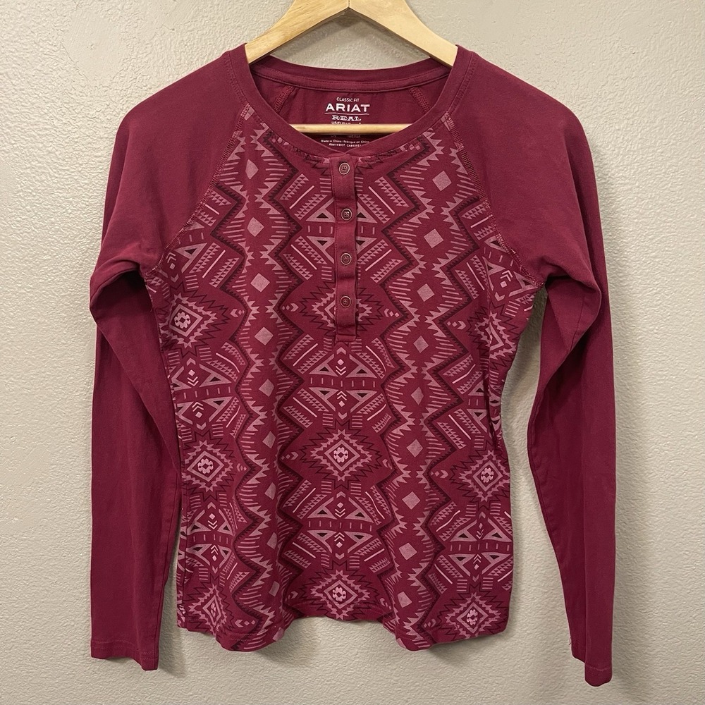 Ariat Women's Aztec Henley Long Sleeve Dark Pink Southwestern Size S